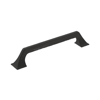 Matte black cabinet pull with curved edges and pedestal design for furniture hardware and home improvement.