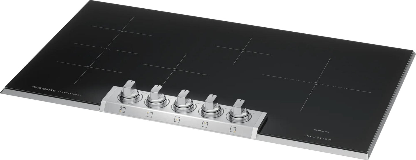 36-inch smooth black induction cooktop with five silver control knobs in cooktops and kitchenware collection