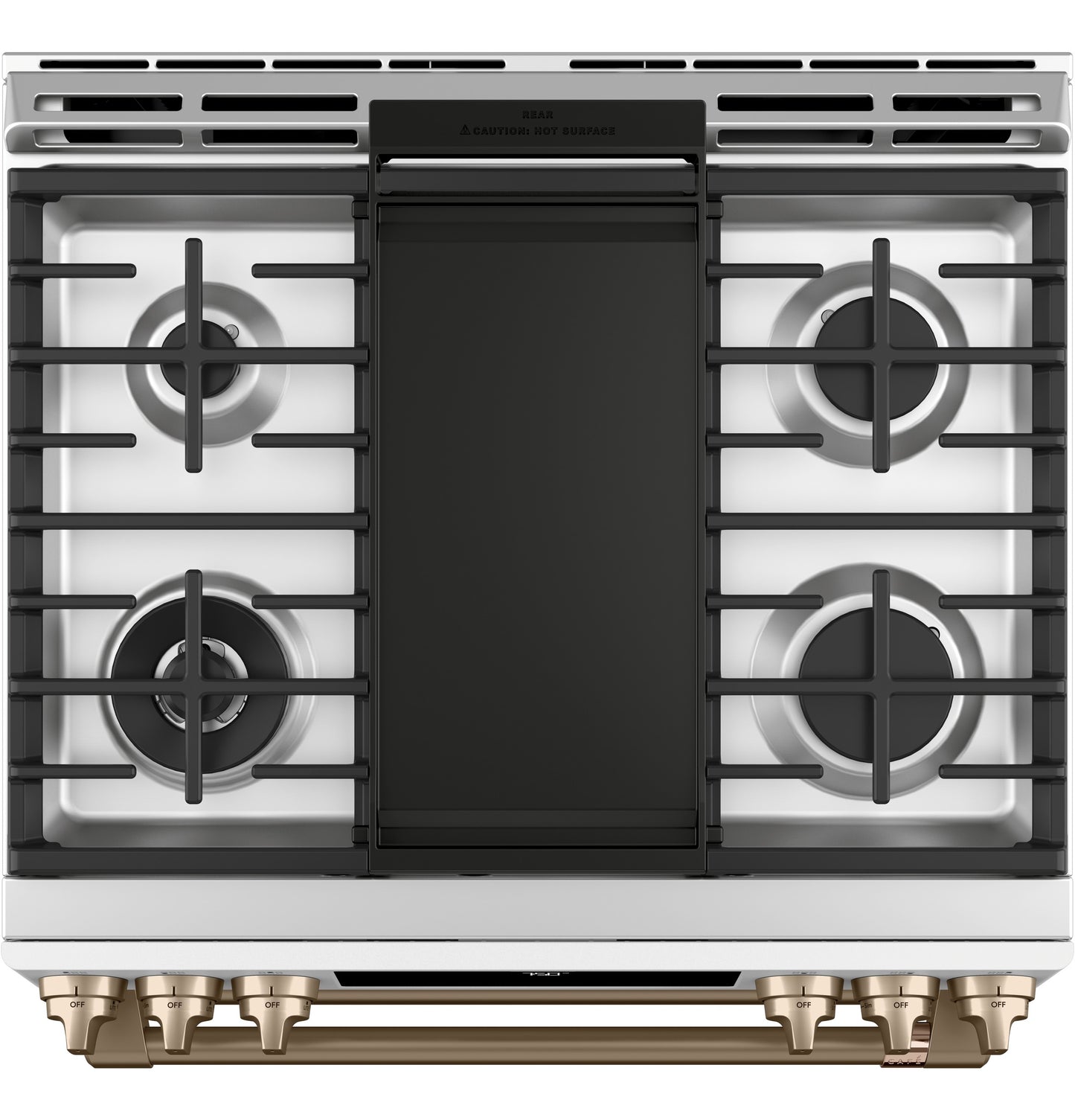 Top view of a gas slide-in range cooktop with four burners, bronze-tone knobs, and black grates from Ranges & Appliances collection