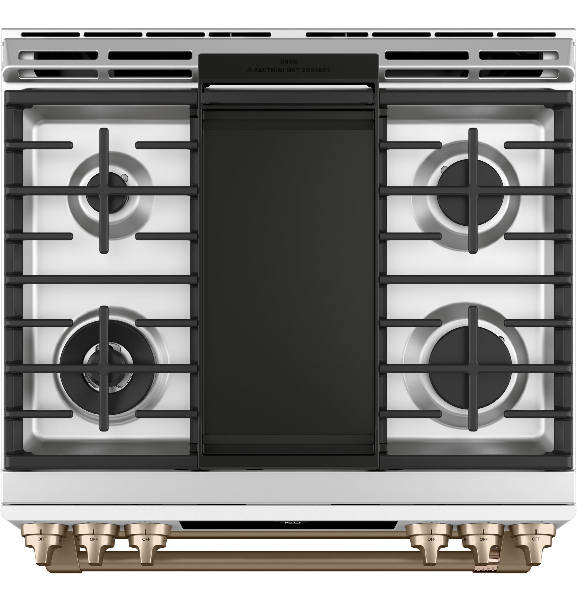 Top view of a gas slide-in range cooktop with four burners, bronze-tone knobs, and black grates from Ranges & Appliances collection