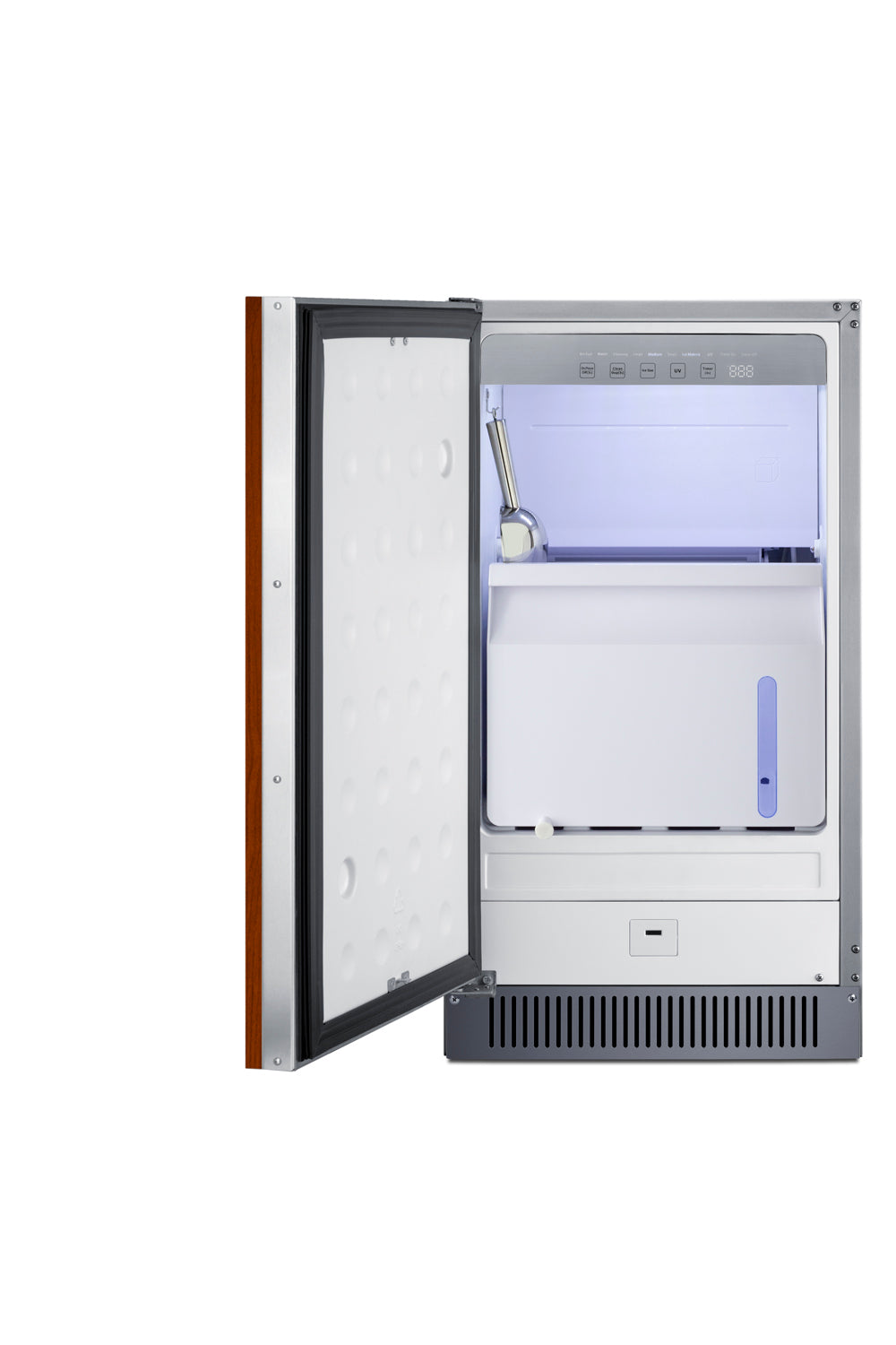 Under-counter clear icemaker with front ventilation, featuring a removable ice bin and LED interior light, part of Freezers & Ice Makers collection.