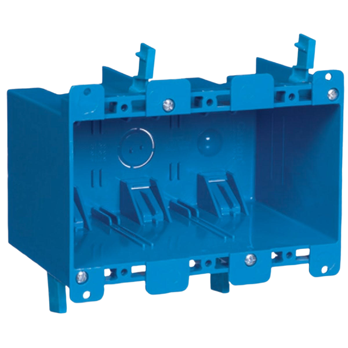 Blue PVC electrical box with three gang openings for wall installation in electrical and home improvement collection