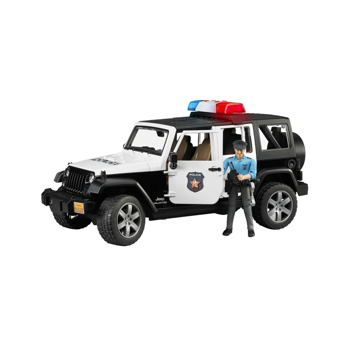 Black and white police jeep toy with flashing lights and policeman figure from Vehicles & Remote Controlled Toys collection under $100