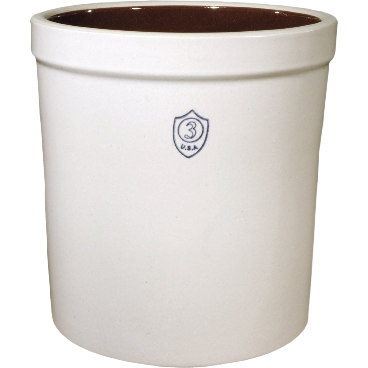 Cream ceramic crock with dark brown glazed interior and small shield emblem indicating three-gallon capacity