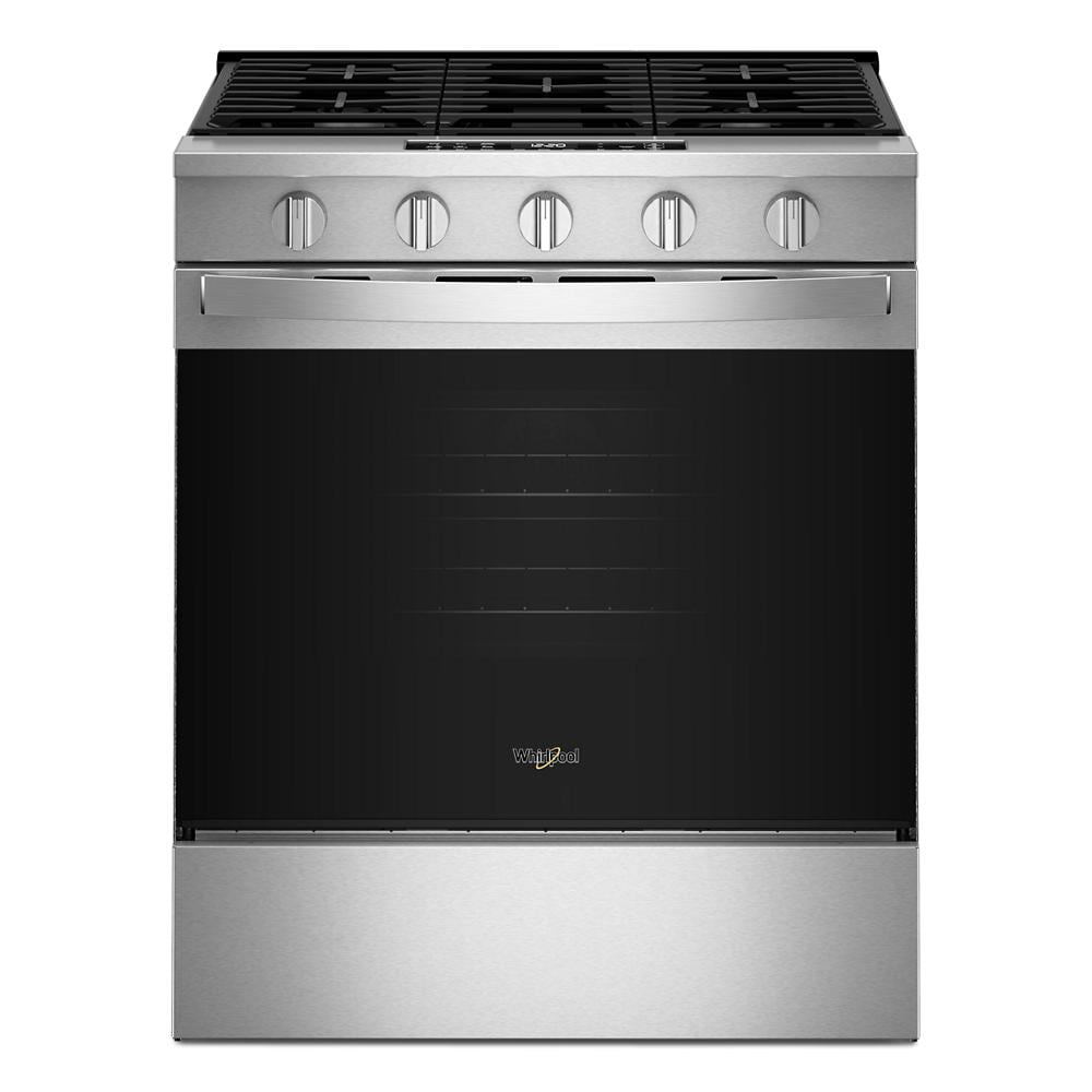 Front view of stainless steel 30-inch gas range with five control knobs and large black oven door from Ranges collection