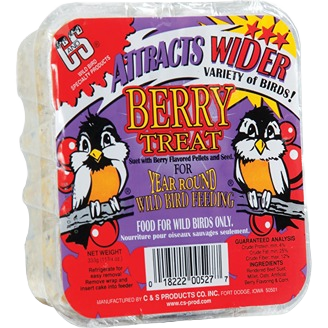 Package of suet with berry-flavored pellets designed to attract a variety of wild birds year-round
