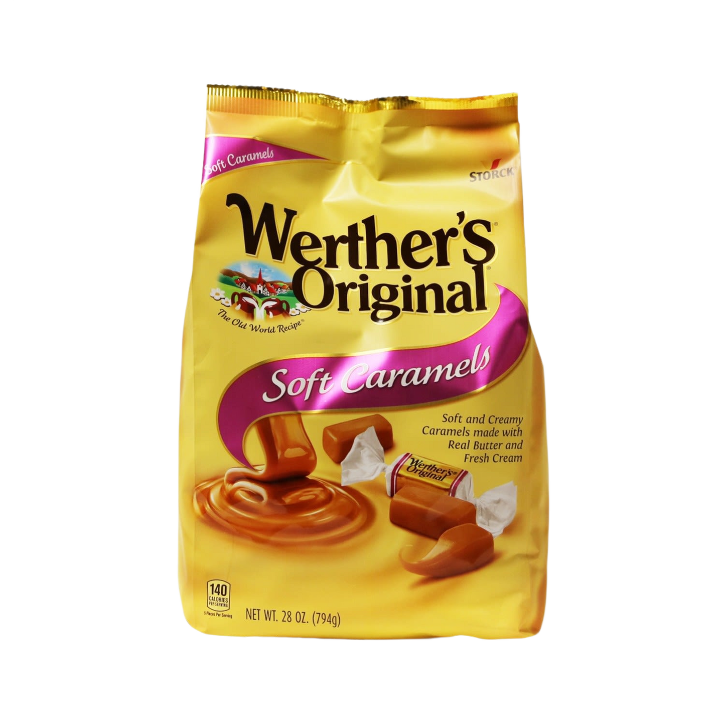 Yellow bag of Werther’s Original soft caramels with purple ribbon graphic for Chocolates & Candies collection