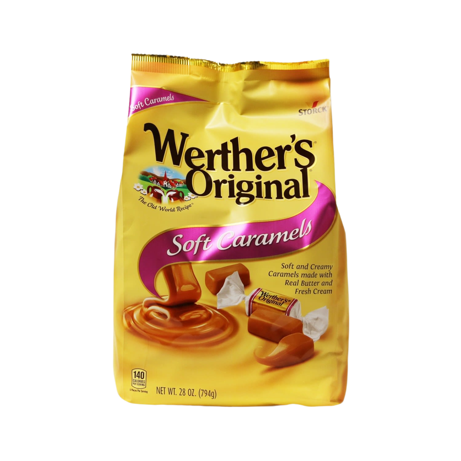 Yellow bag of Werther’s Original soft caramels with purple ribbon graphic for Chocolates & Candies collection