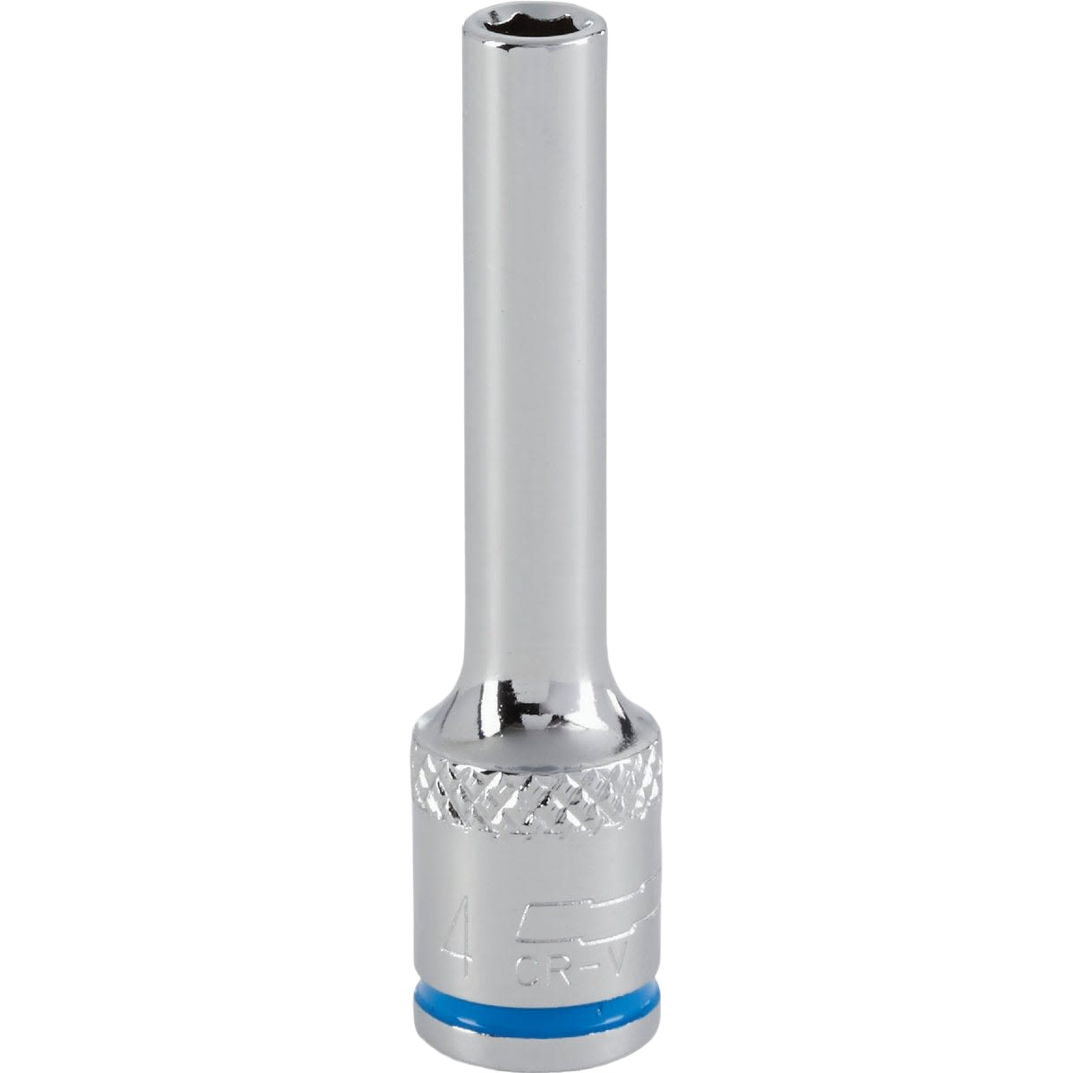 Chrome-finished 4mm deep metric socket with 6-point design and 1/4 inch drive for precision tool and home improvement use