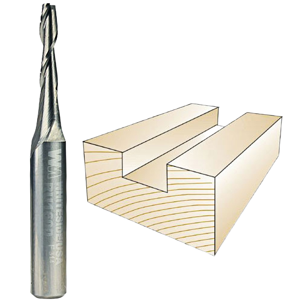 Whiteside spiral upcut router bit with precision cut wood block, ideal for woodworking and tool accessories under $50 collection