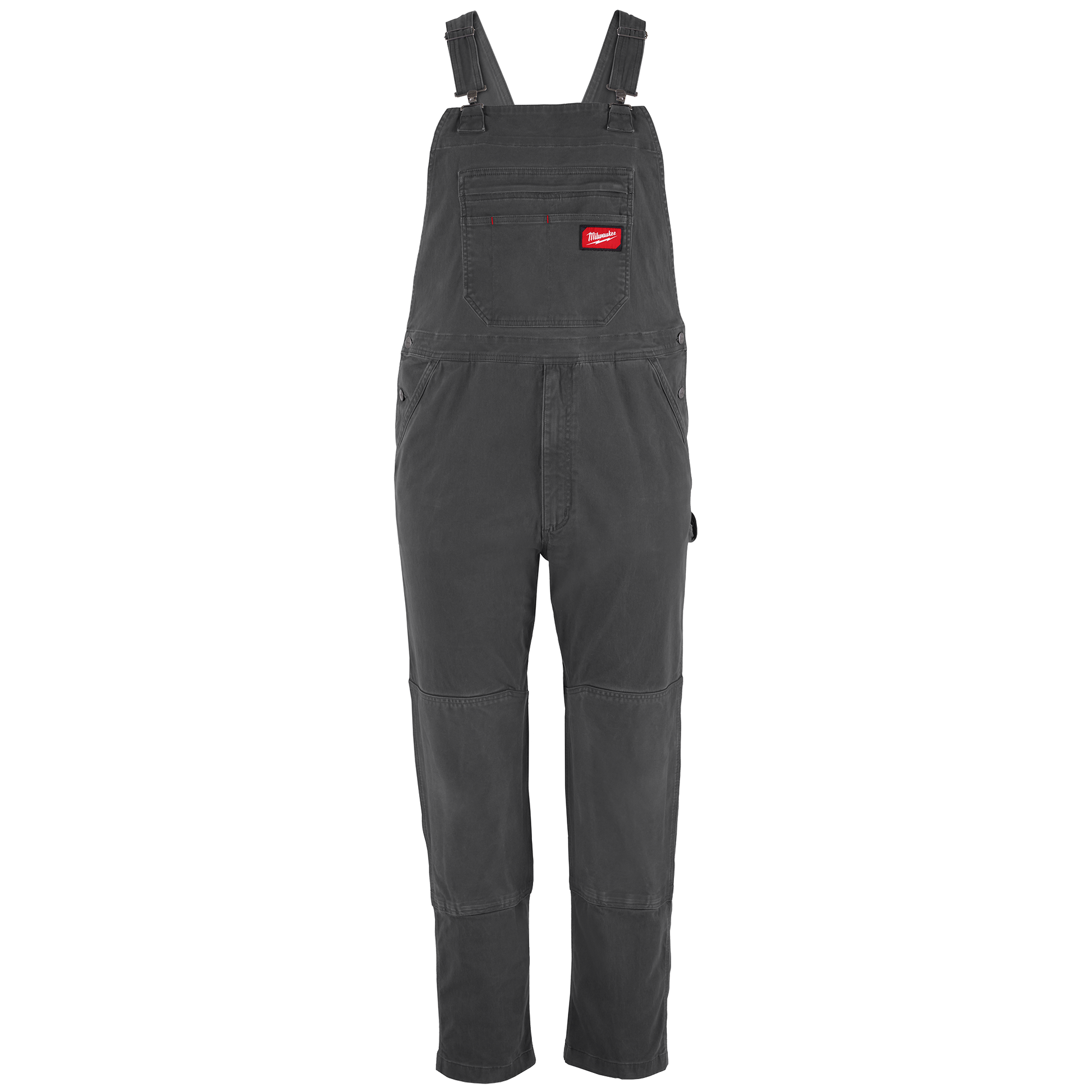 Dark gray unlined bib overalls with adjustable straps and multiple pockets for tools and home improvement tasks