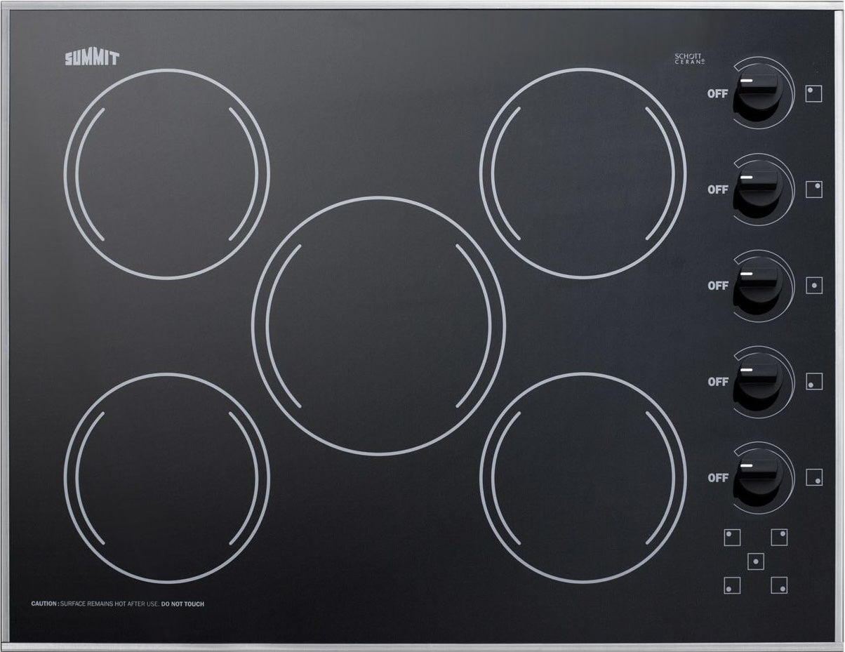 Black radiant cooktop with five burners and rotary control knobs for kitchen appliance and home improvement use