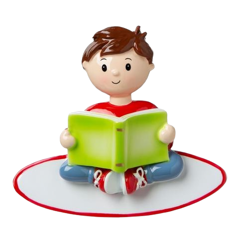 Cute boy figurine wearing red reading a green book sitting cross-legged from Christmas Ornaments & Tree Decorations collection