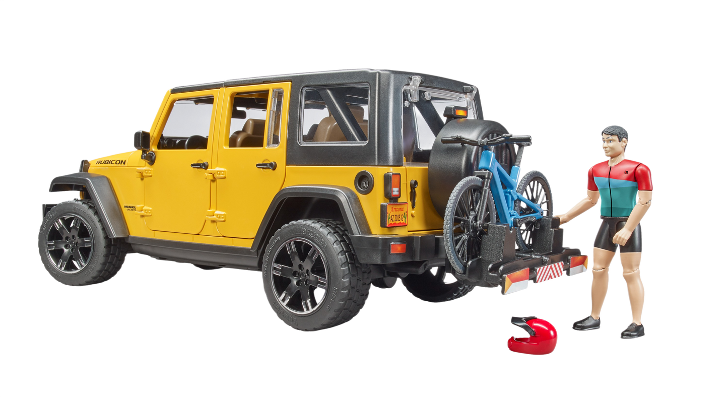 Yellow Bruder Jeep Wrangler Rubicon Unlimited toy with blue bike and cyclist figure from Vehicles & Remote Controlled Toys collection
