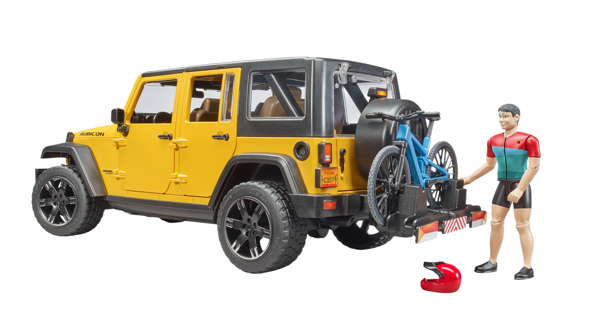 Yellow Bruder Jeep Wrangler Rubicon Unlimited toy with blue bike and cyclist figure from Vehicles & Remote Controlled Toys collection