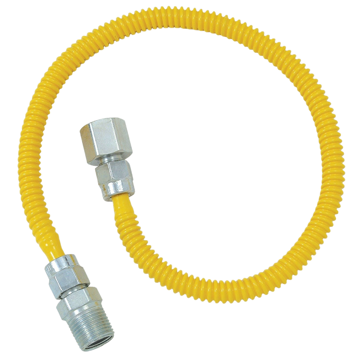 Flexible yellow coated stainless steel gas connector with 1/2 inch threaded fittings for plumbing under $50