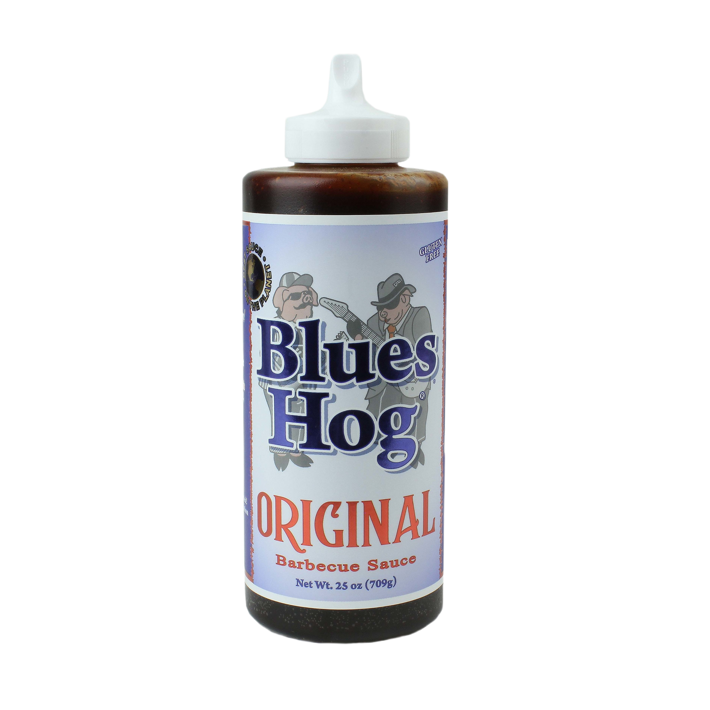 Bottle of Blues Hog Original gluten-free BBQ sauce with blue and white label and twist cap for barbecue use