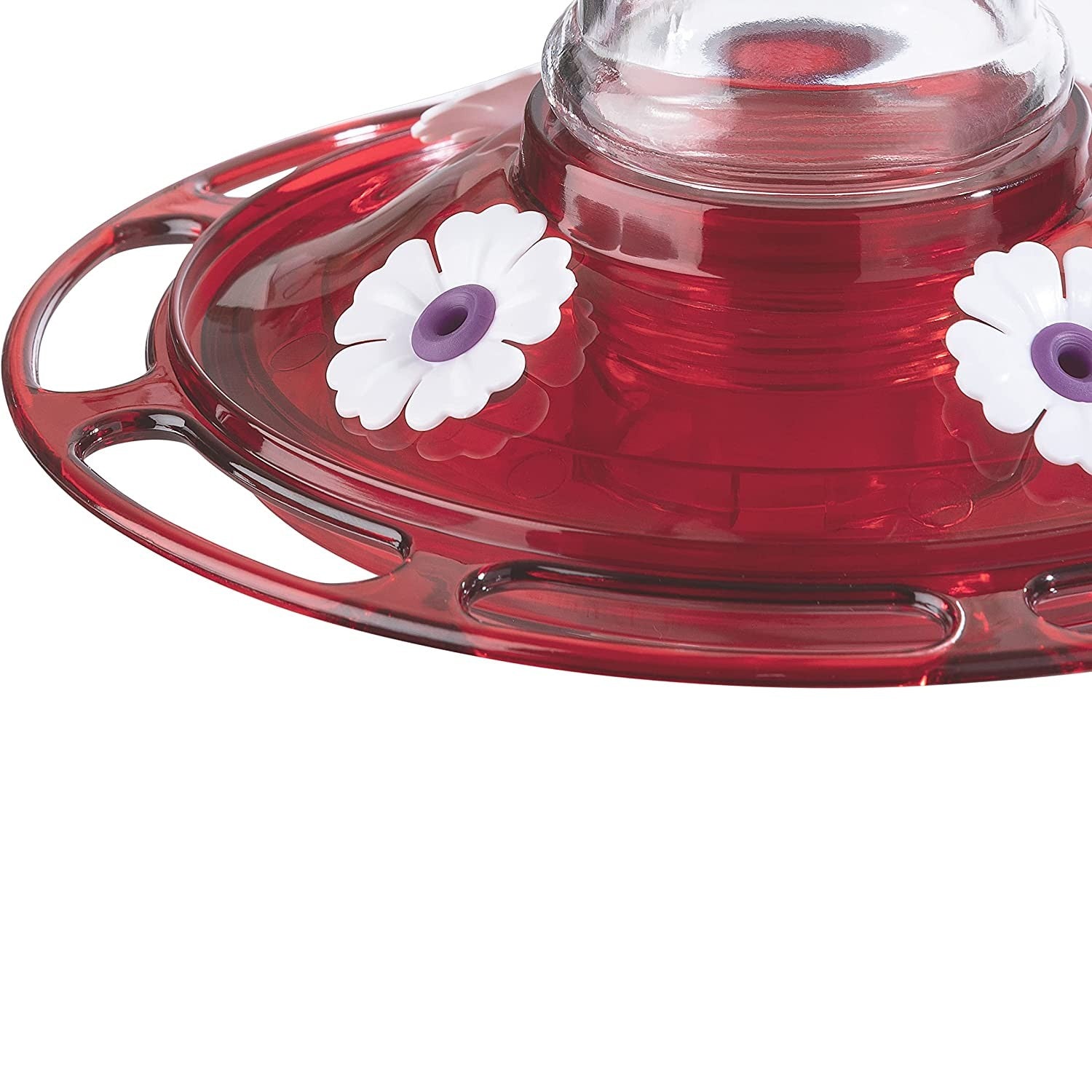 Red garnet glass hummingbird feeder base with white flower-shaped nectar ports for outdoor bird feeding and wildlife supplies