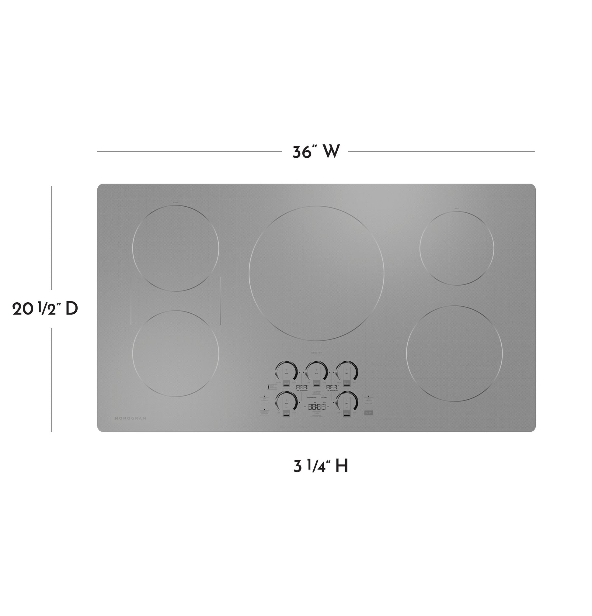 36-inch stainless steel induction cooktop with five burners and digital control knobs for kitchen appliances collection