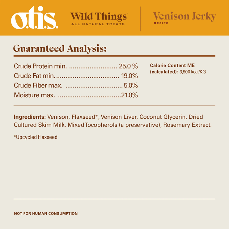 Nutrition facts label detailing protein, fat, fiber, moisture, and ingredients for venison jerky dog treats in pet supplies.