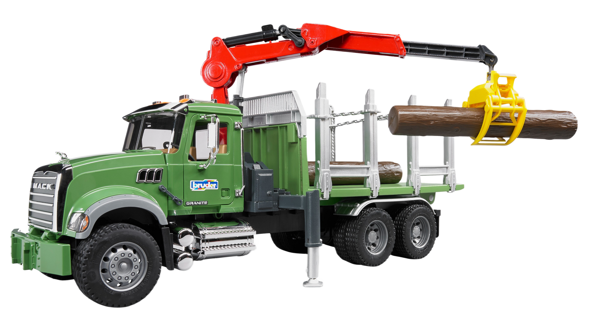 Green Bruder MACK timber truck toy with red crane lifting log in Vehicles & Remote Controlled Toys collection