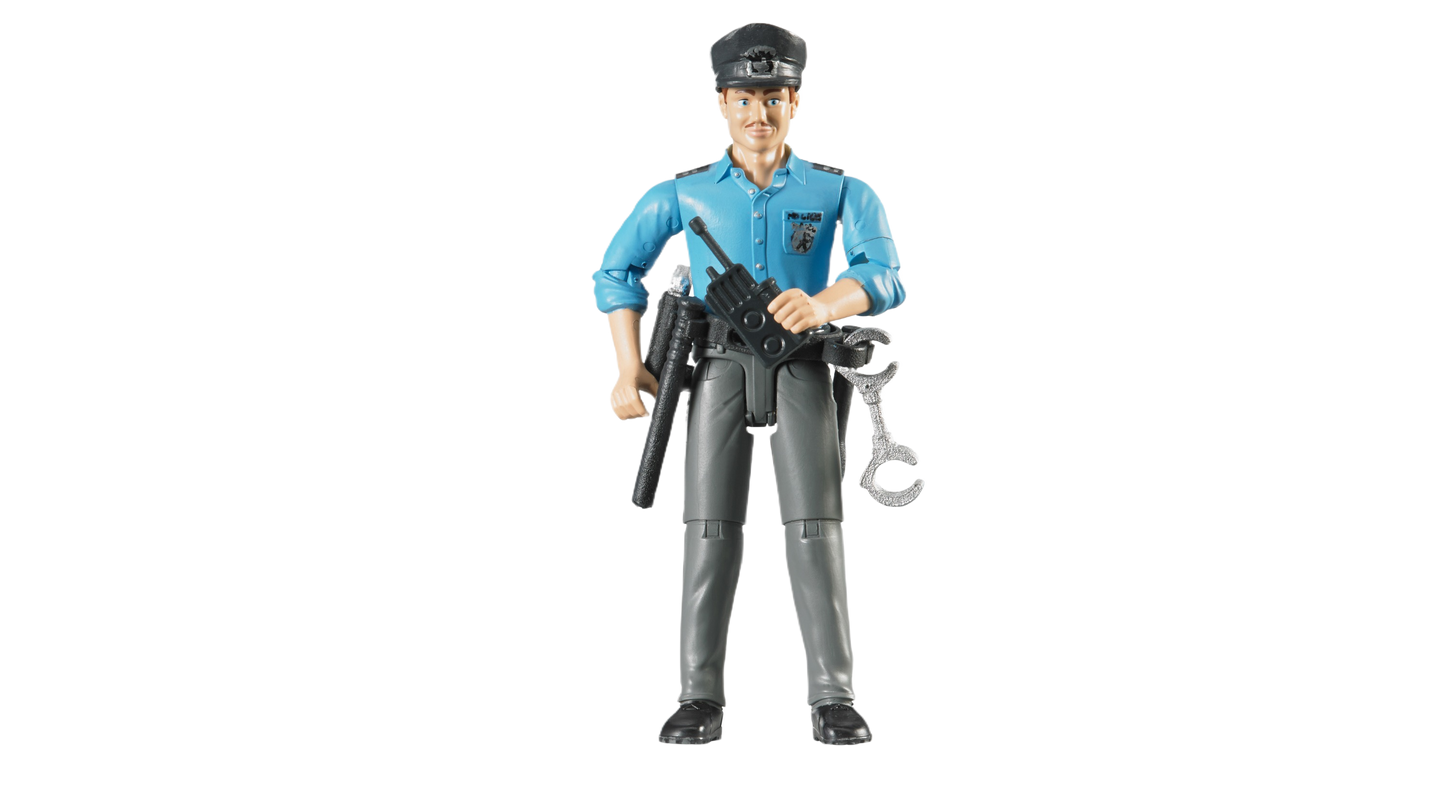 Light skin police figure in blue shirt and gray pants with walkie-talkie, handcuffs, and baton accessories