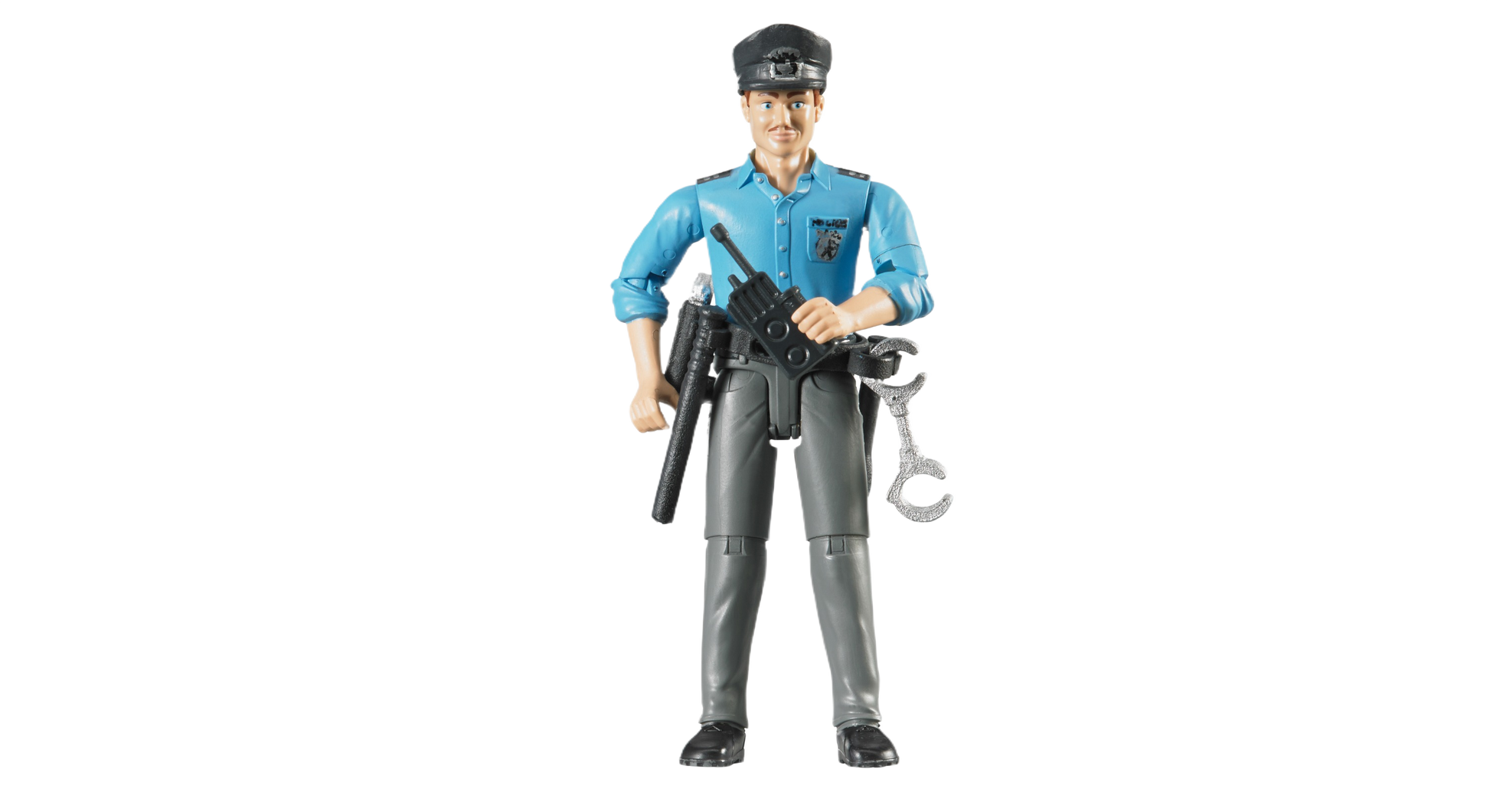Light skin police figure in blue shirt and gray pants with walkie-talkie, handcuffs, and baton accessories