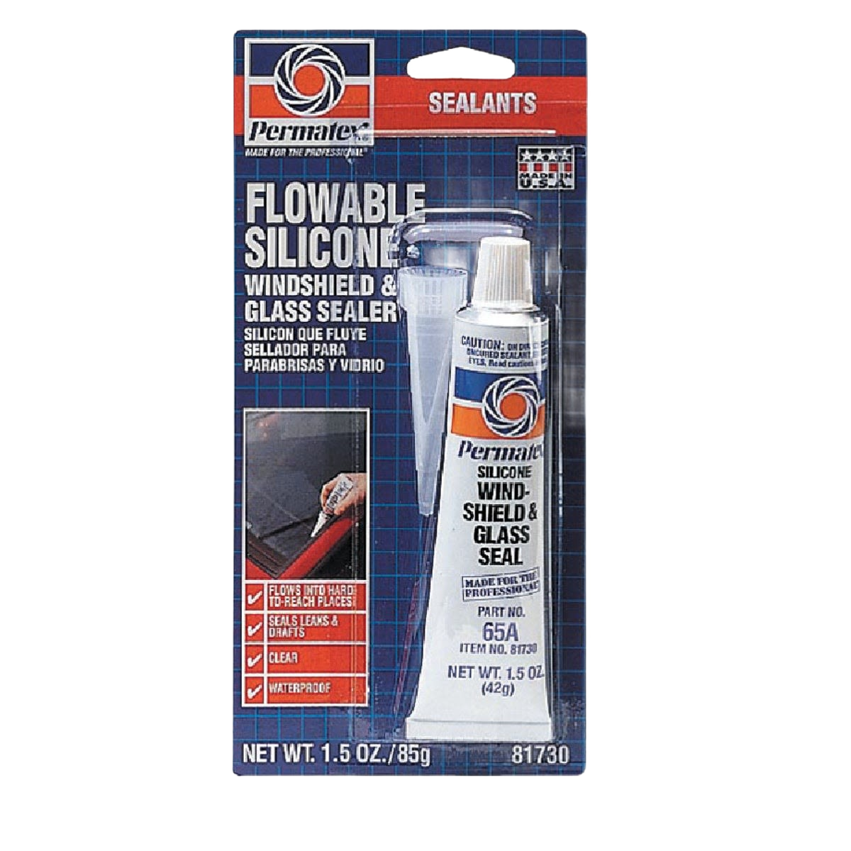 Tube of clear flowable silicone sealer for windshield and glass repairs in professional sealed packaging