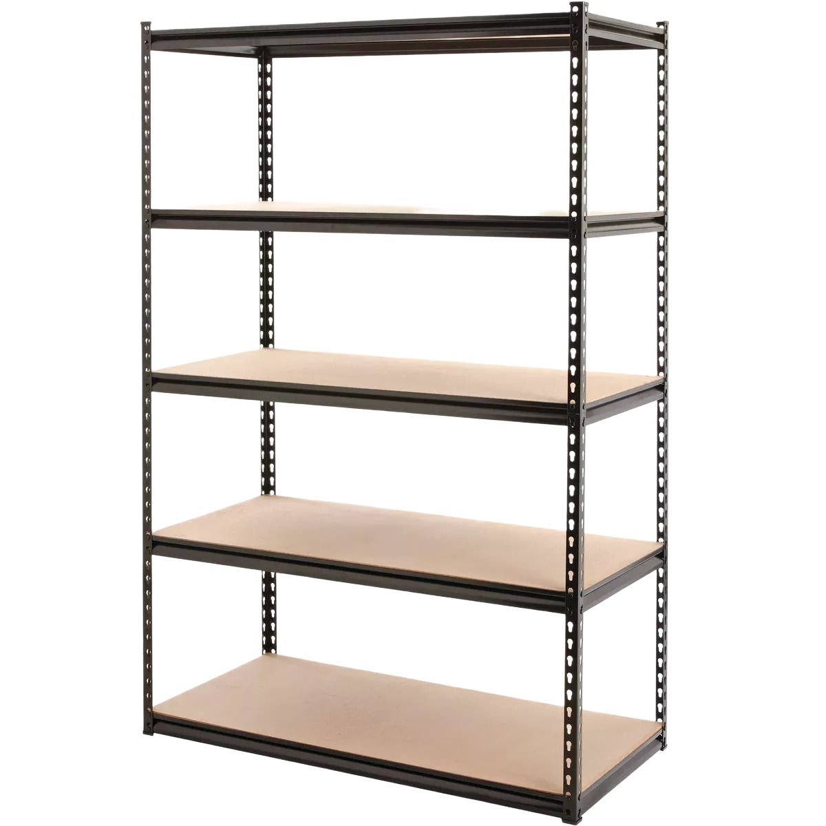 Black steel shelving unit with five shelves for versatile storage in home improvement and organization spaces