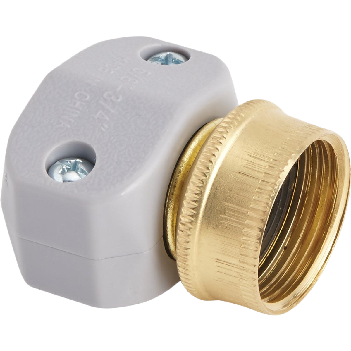 Brass female hose coupling with threaded connection and gray plastic housing for garden hose repair and maintenance tasks