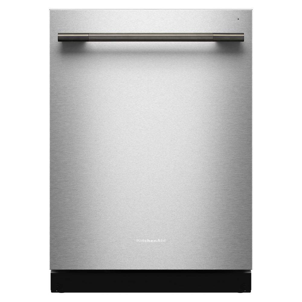 Front view of stainless steel dishwasher with sleek handle in KitchenAid dishwashers and kitchen appliances collections
