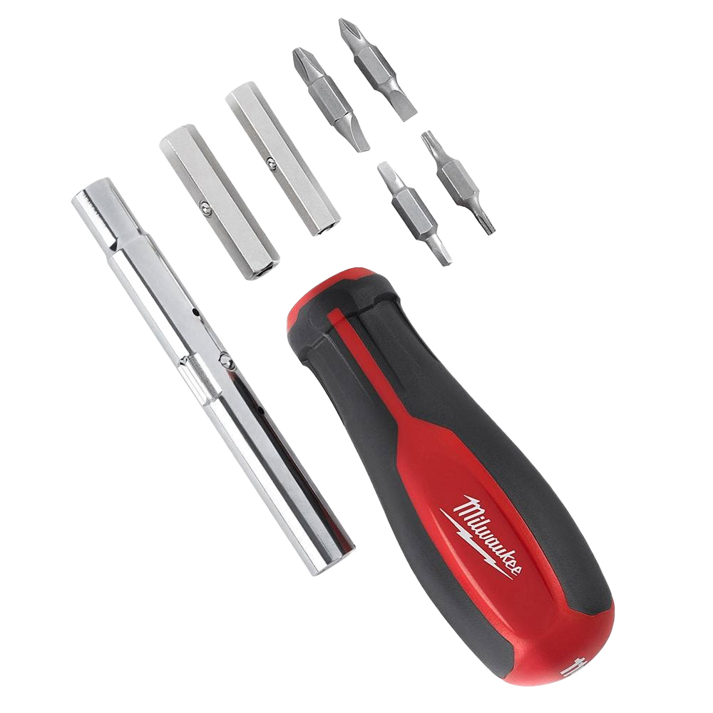 Red and black ergonomic screwdriver handle with multiple interchangeable square drive bits for versatile home improvement tasks