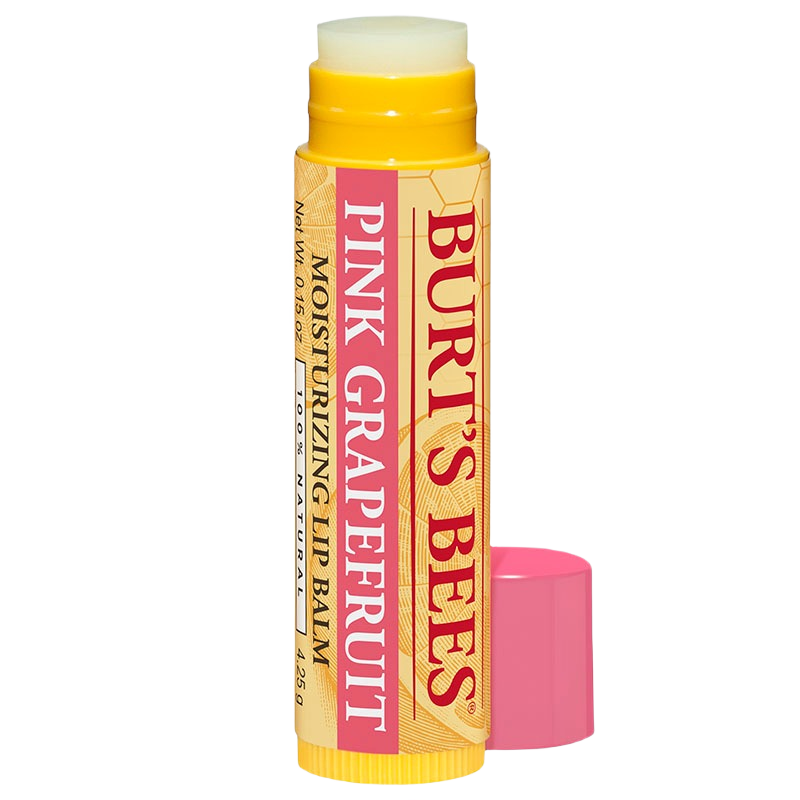 Yellow tube of moisturizing lip balm with pink cap and pink grapefruit label for natural lip care products