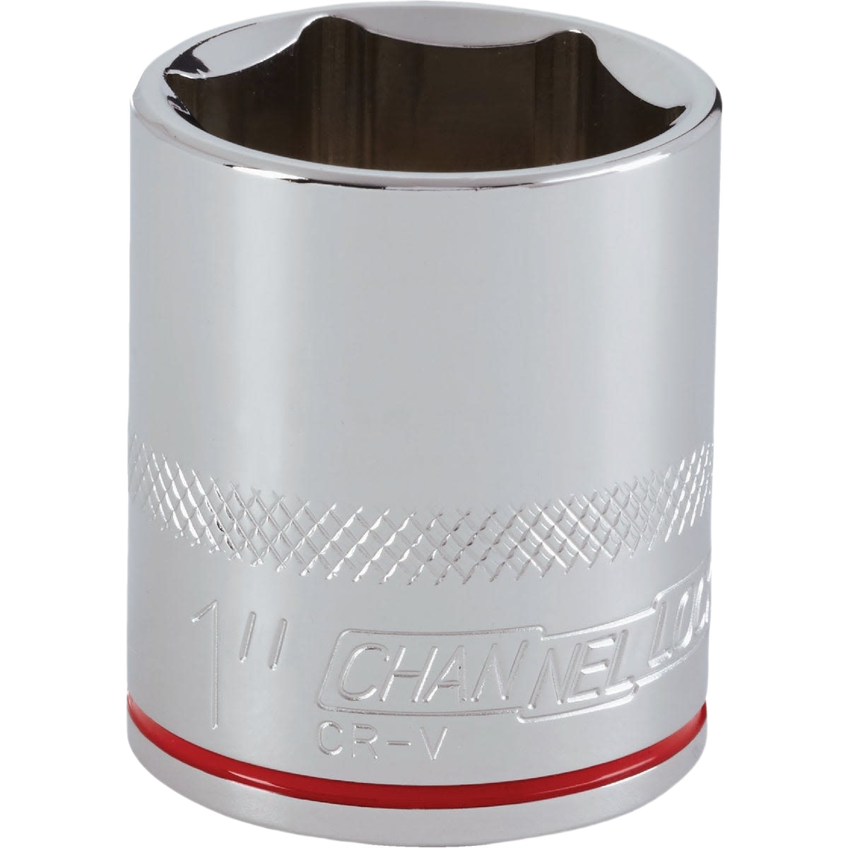 Chrome-plated 1 inch shallow socket with knurled grip and red band for tools and home improvement use
