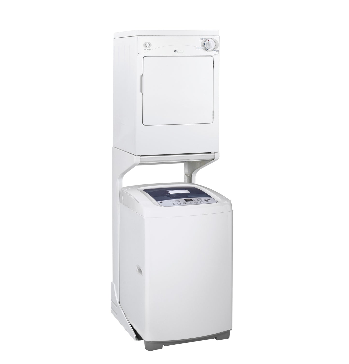 Stacked white electric dryer and top load washer in a compact home laundry setup from washers and dryers collection