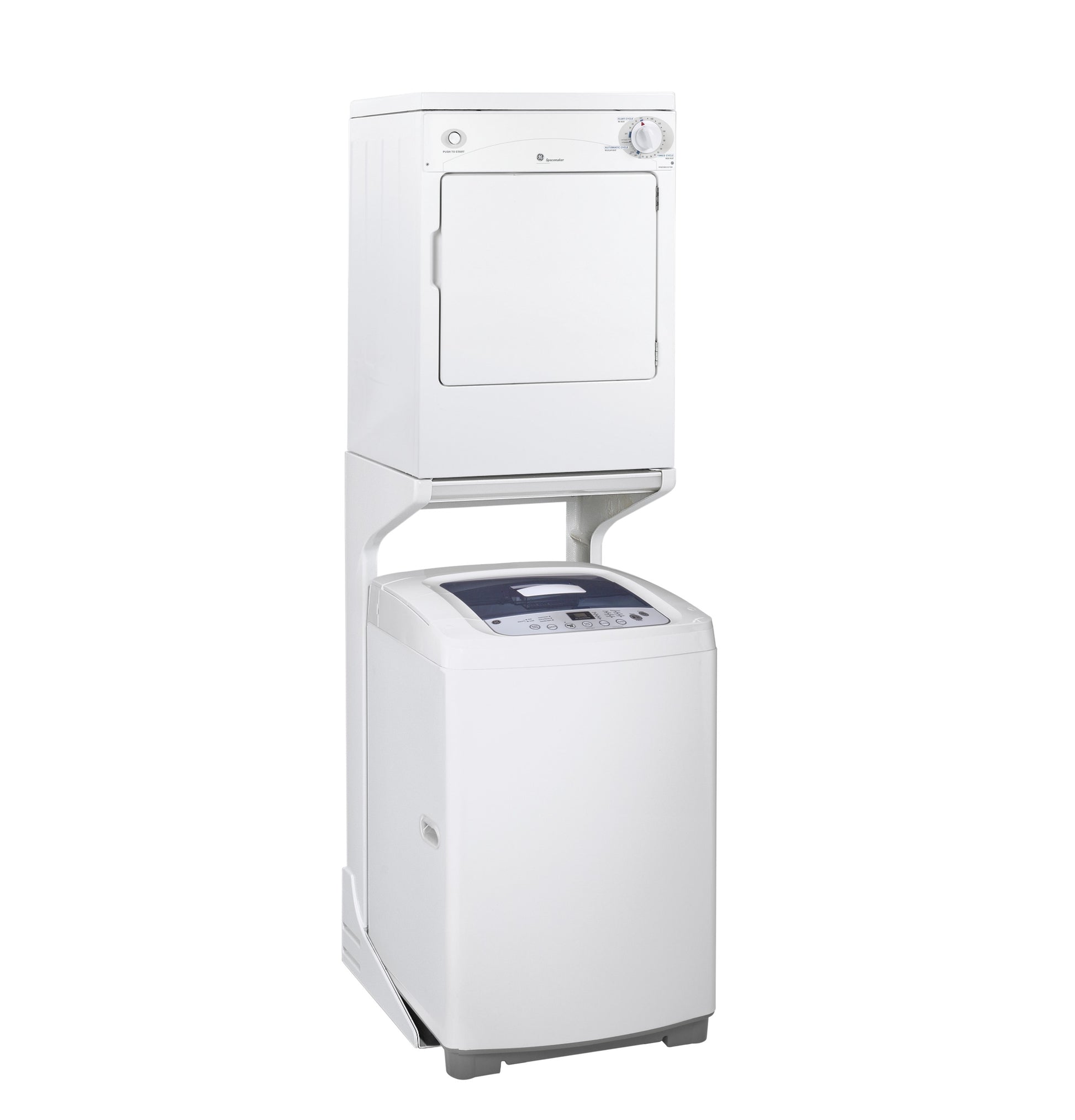Stacked white electric dryer and top load washer in a compact home laundry setup from washers and dryers collection