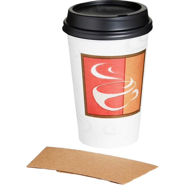 White disposable beverage cup with black lid and kraft paper sleeve featuring stylized coffee cup design in kitchenware collections