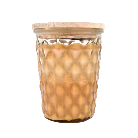 12 oz. decorative jar candle with textured glass and wooden lid for cozy home ambiance and seasonal decor