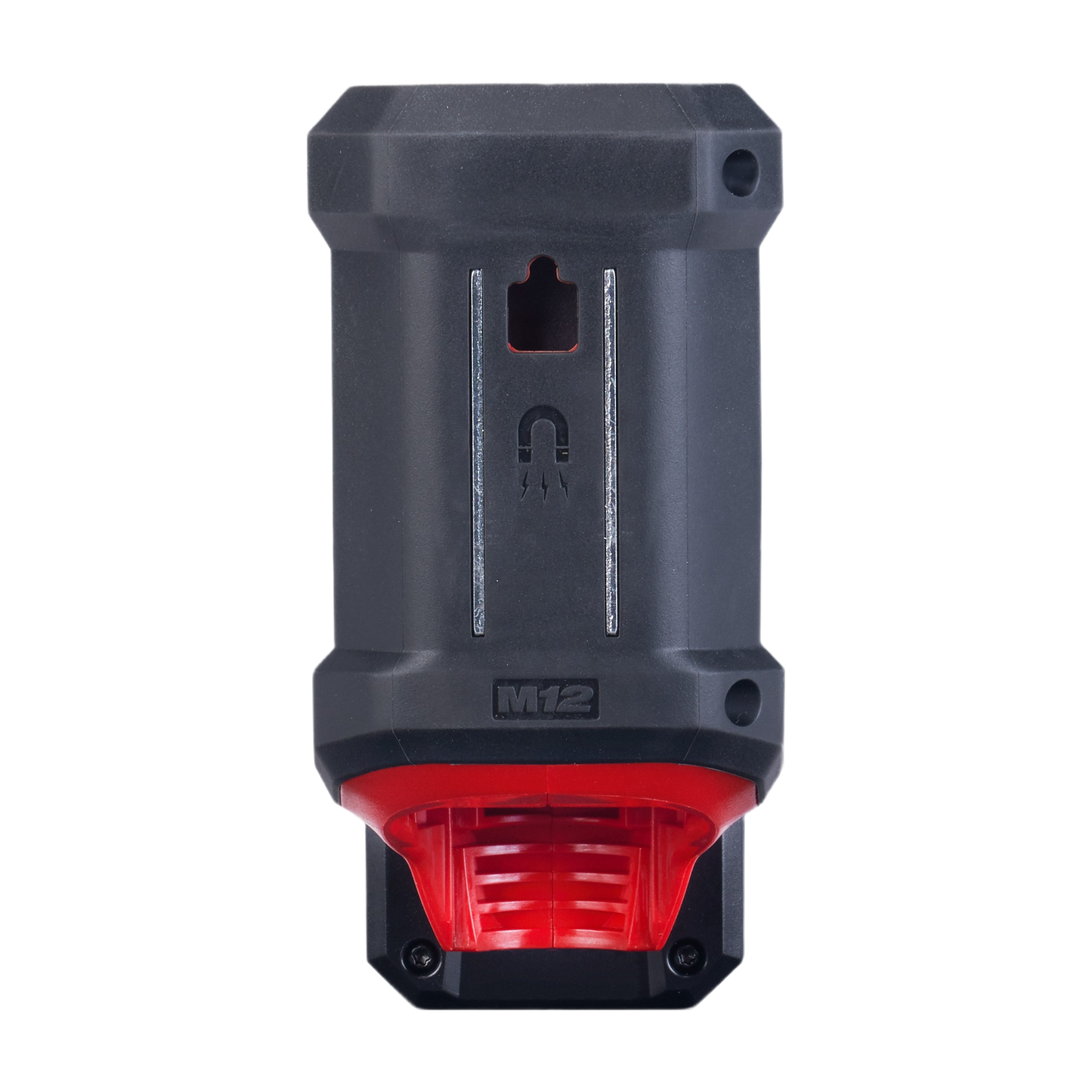 Compact black Milwaukee M12™ ROVER™ flood light body with built-in magnet for tools and home improvement use
