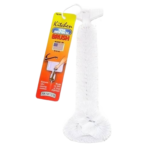 White plastic kitchen waste disposal brush with dense bristles and ergonomic handle for cleaning sinks and disposals