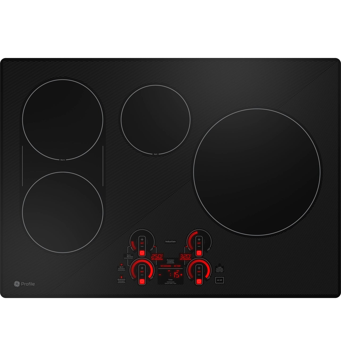 Black induction cooktop with four cooking zones and red digital touch controls in Induction Cooktops and Kitchen & Kitchenware collections
