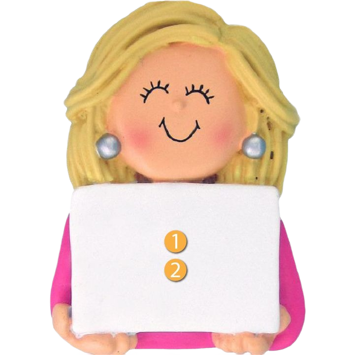 Blonde female ornament with pearl earrings holding a white sign for Christmas Ornaments & Tree Decorations under $50 collection