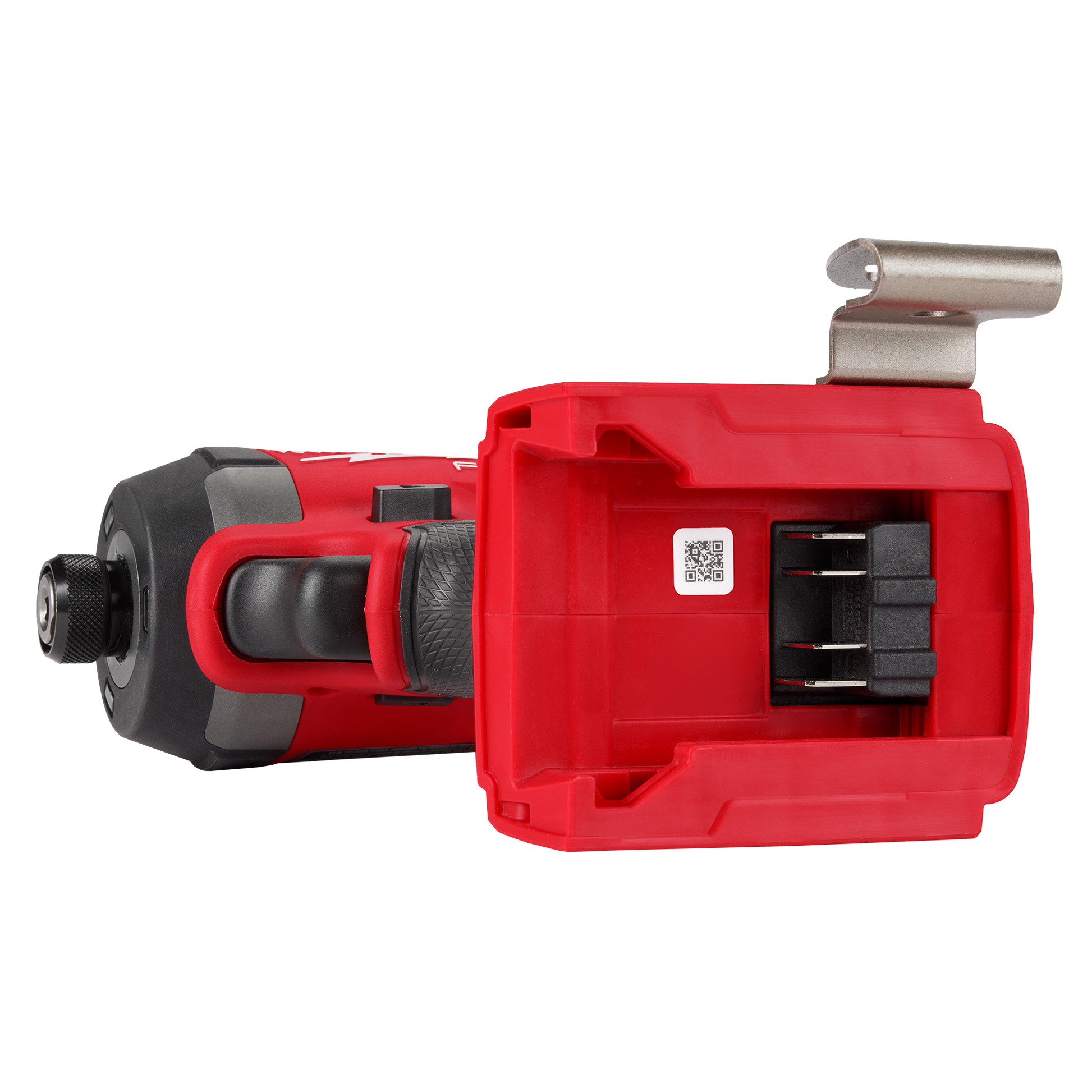 Red and black cordless impact driver body with metal belt clip and textured grip for tools and home improvement use