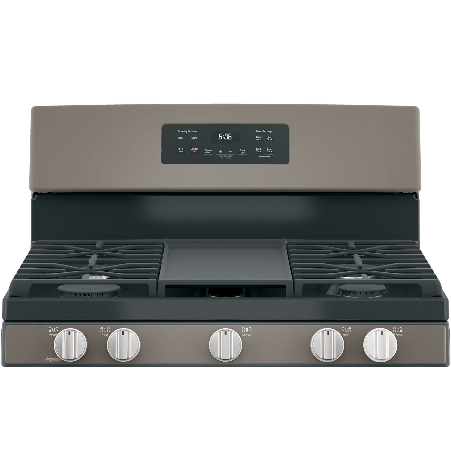 Free-standing gas range in dark stainless steel with five burners and digital control panel in kitchen appliances collection