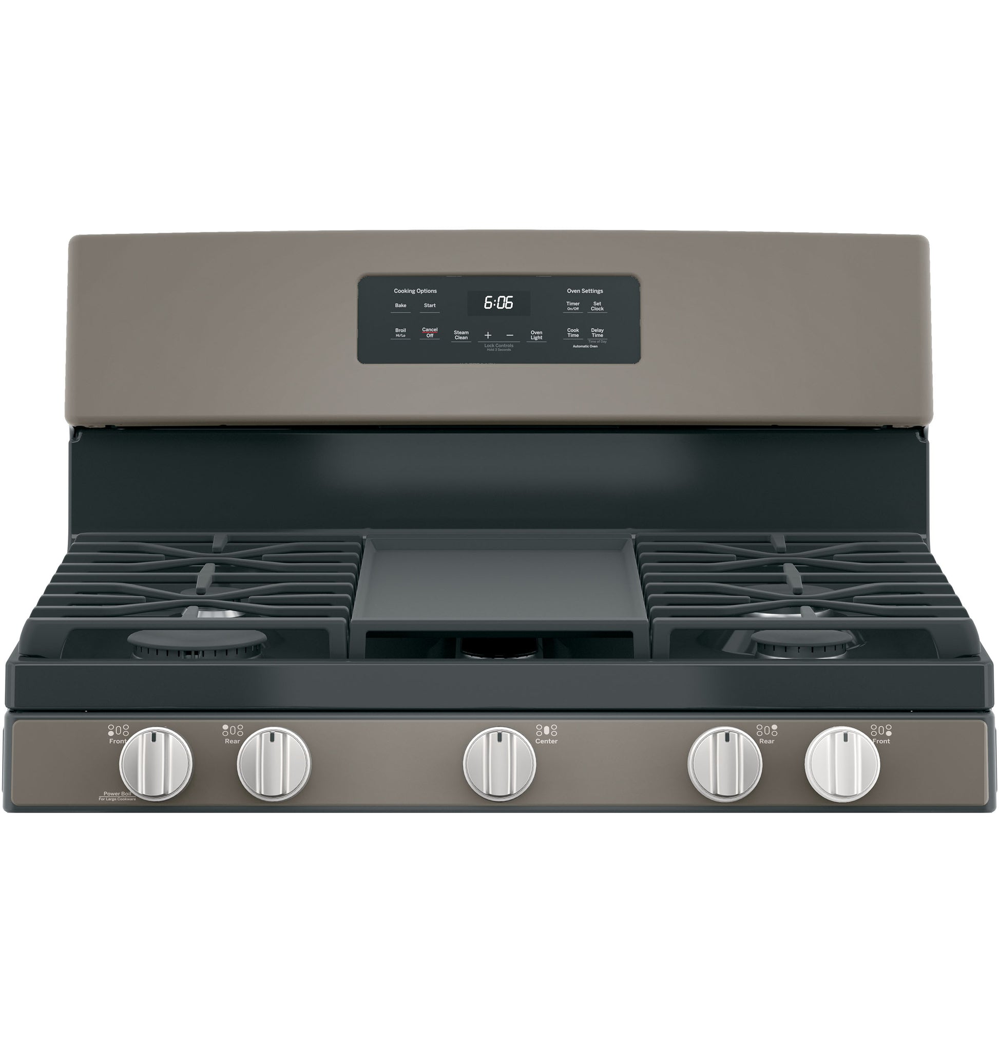 Free-standing gas range in dark stainless steel with five burners and digital control panel in kitchen appliances collection