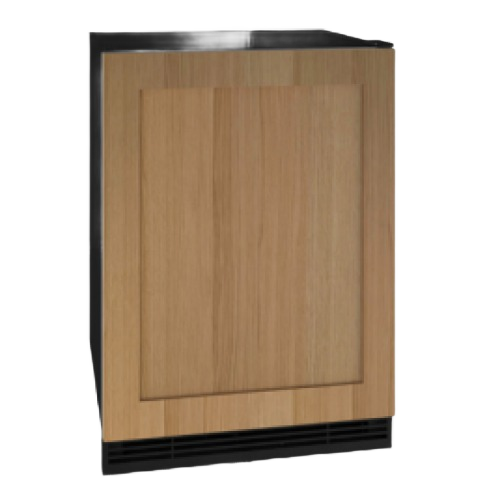 Compact 24-inch reversible hinge refrigerator and ice maker combo with wood panel door in kitchen appliances collection