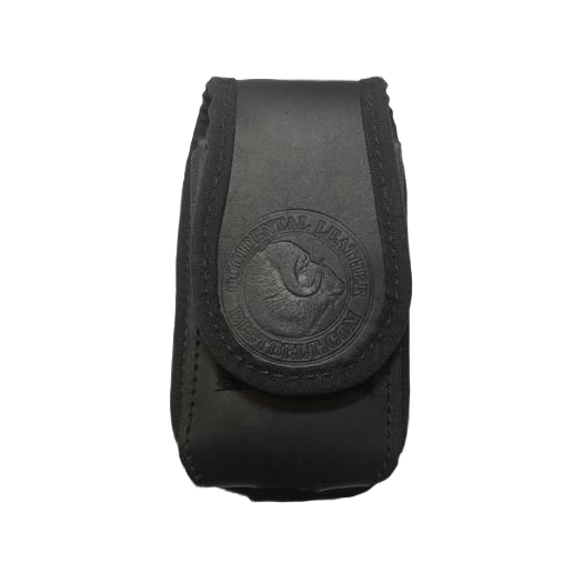 Black leather clip-on expandable holster designed for phone storage in tool bags and workshop organization collections