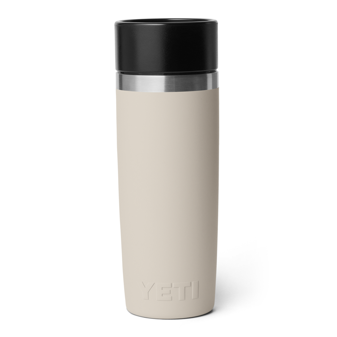 Beige insulated 16 oz. travel bottle with stainless steel band and black lid in drinkware and kitchenware collections