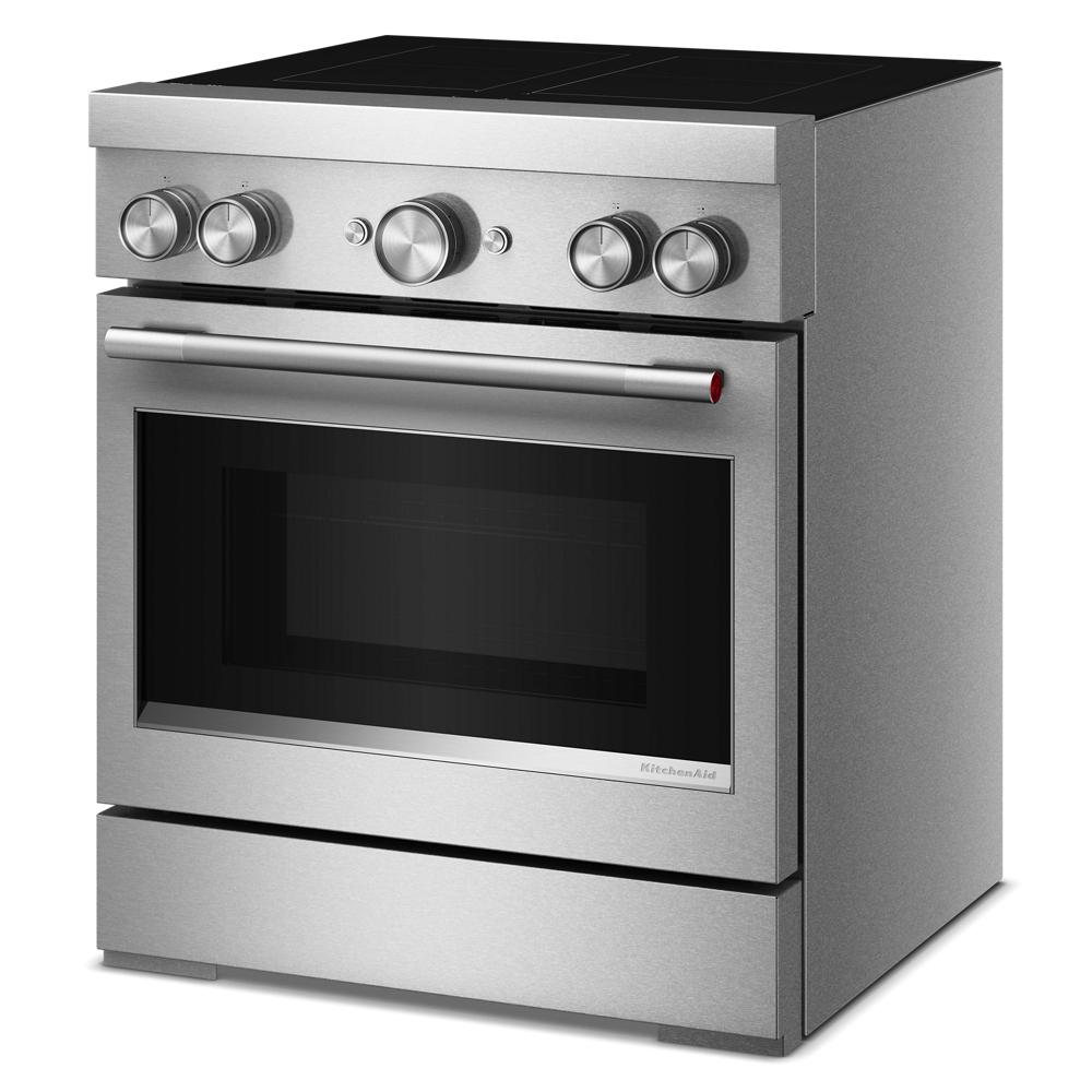 Stainless steel 30-inch commercial-style induction freestanding range with four control knobs from KitchenAid at Hartville Hardware