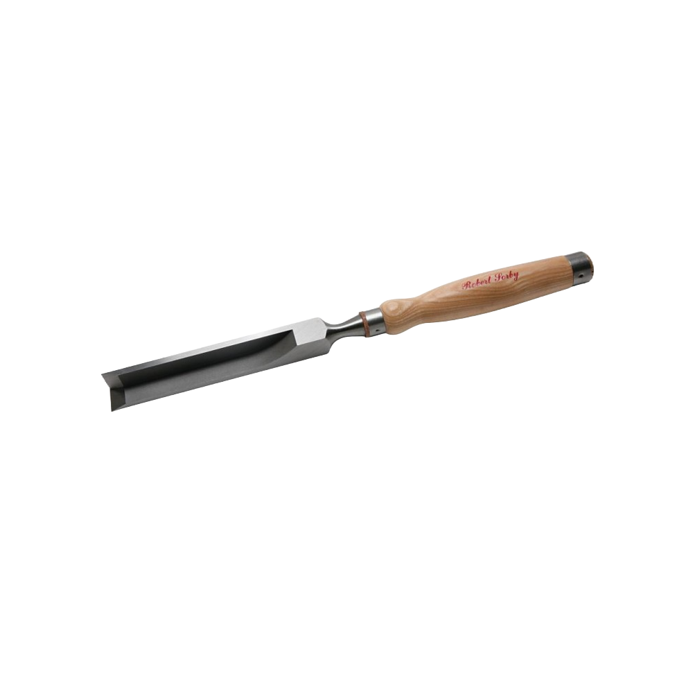 Chisel with a sharp curved blade and smooth wooden handle designed for heavy-duty woodworking and home improvement tasks